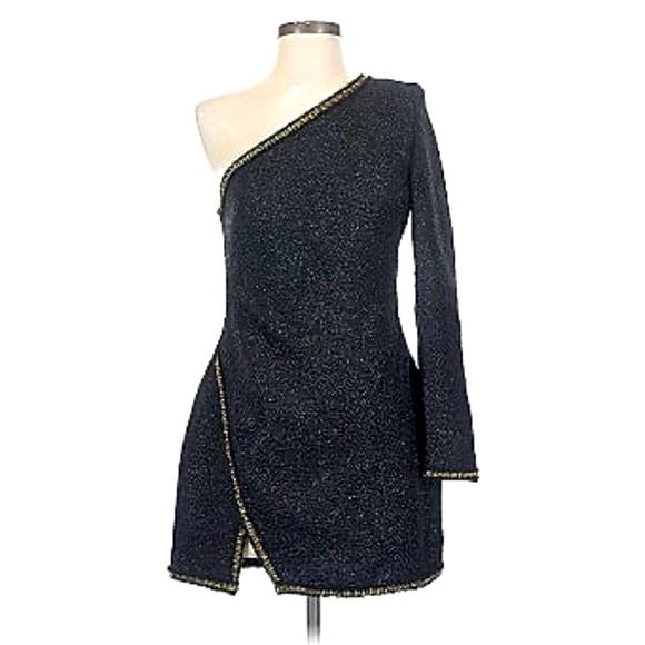 ZARA Black Tweed Gold Accent One-Shoulder Mini Dress Sz XXL - Picture 10 of 10